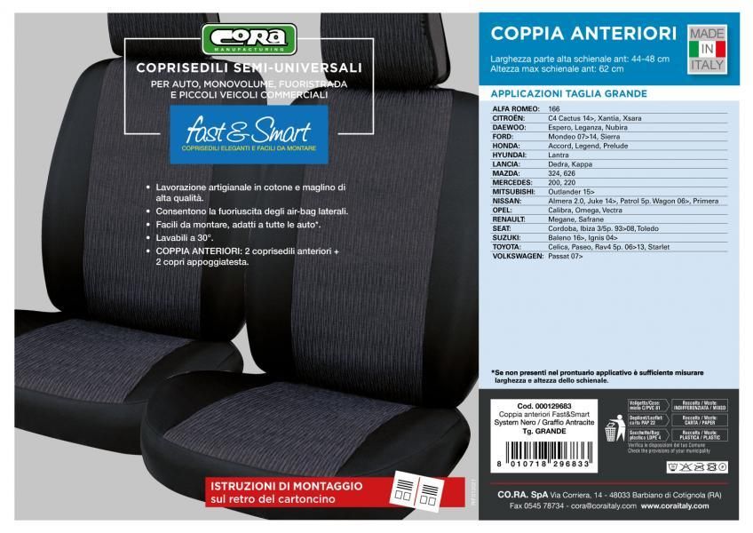 Cora Fast&amp;Smart front seat covers, large size, anthracite/black cotton blend fabric