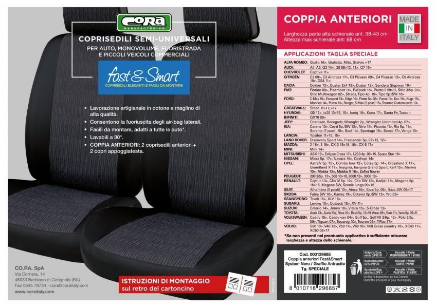 Cora Coprisedili anteriori Fast&Smart tg. speciale tessuto misto cotone antracite/nero
