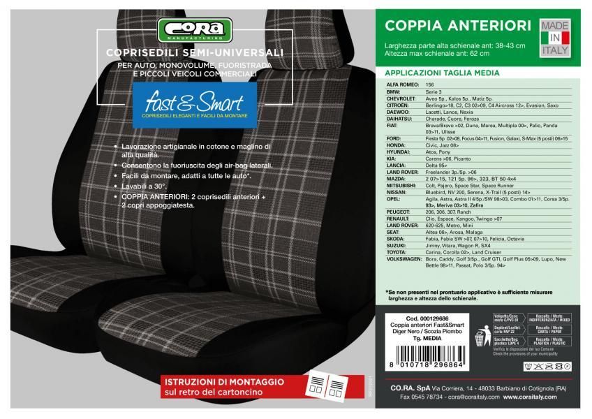 Cora Fast&amp;Smart front seat covers, medium size, lead-coloured, cotton and polyester blend fabric.