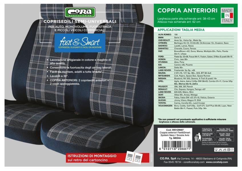 Fundas de asiento delantero Cora Fast&amp;Smart, tamaño mediano, tela de mezcla de algodón azul marino/azul fuerza aérea
