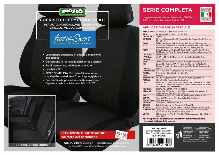 Cora Serie completa coprisedili Fast&Smart tg. speciale tessuto misto cotone antracite/nero