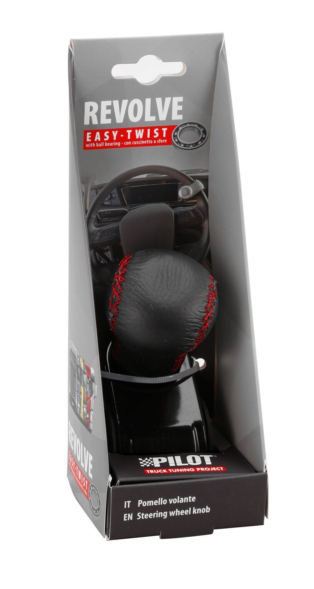 Pilot Revolve, pomello volante in pelle con cuciture rosse, staffa nera