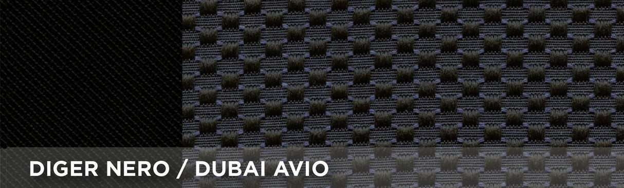 Serie completa de fundas para asientos de viaje Cora en tejido de mezcla de algodón color aviador y negro