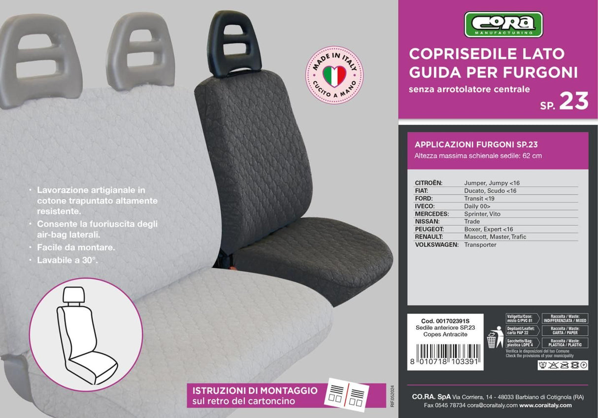 Cora Coprisedile auto lato guida per furgoni SP23 tessuto trapuntato antracite