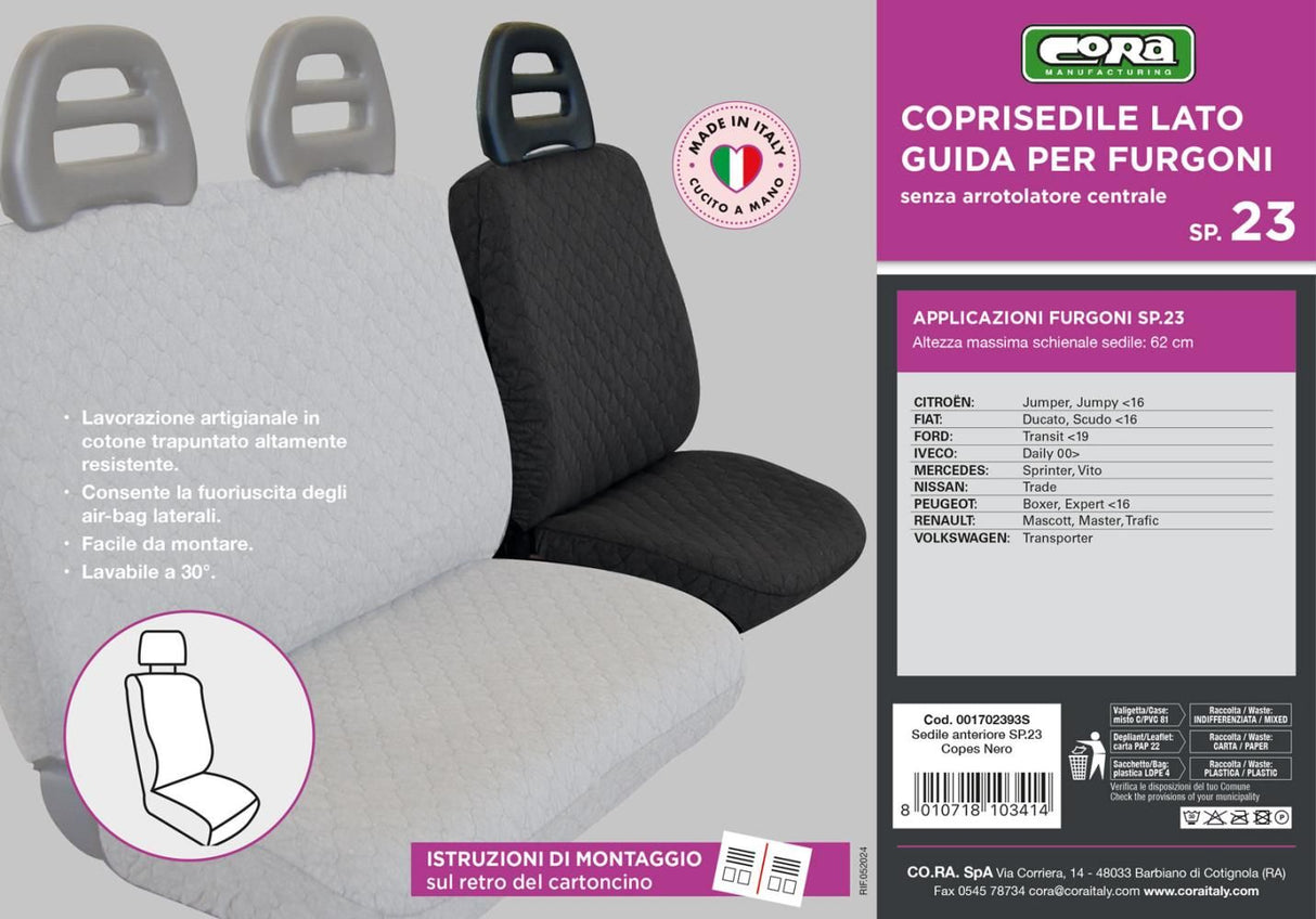 Cora Coprisedile auto lato guida per furgoni SP23 tessuto cotone trapuntato nero