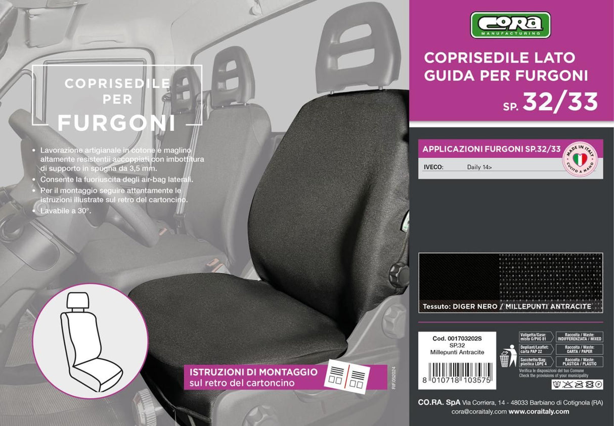 Cora Coprisedile auto lato guida per furgoni SP32/SP33 tessuto misto cotone nero