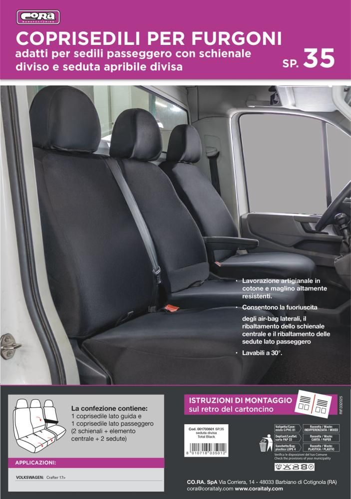 Fundas para asientos de furgoneta Cora Manufacturing, talla SP35, asiento dividido, tela de poliéster negra
