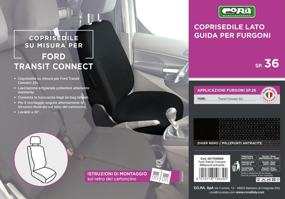 Funda de asiento de conductor Cora Manufacturing para furgonetas, talla SP36, mezcla de algodón negro