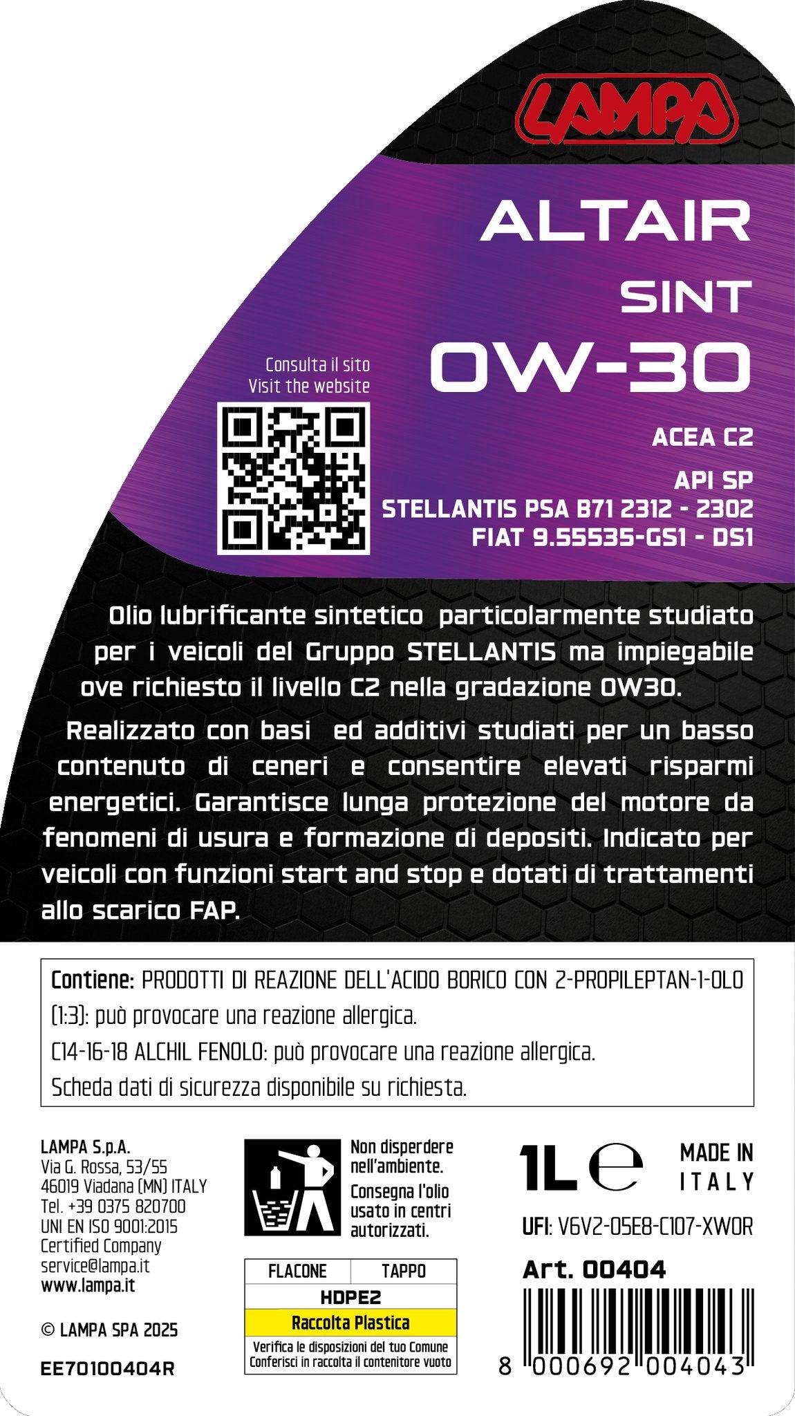 Lampa Altair Sint 0W-30, olio motore auto - 1 L 00404