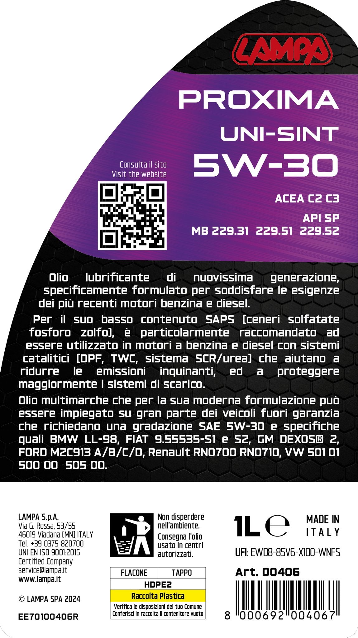 Lampa Proxima Uni-Sint 5W-30, olio motore auto - 1 L 00406
