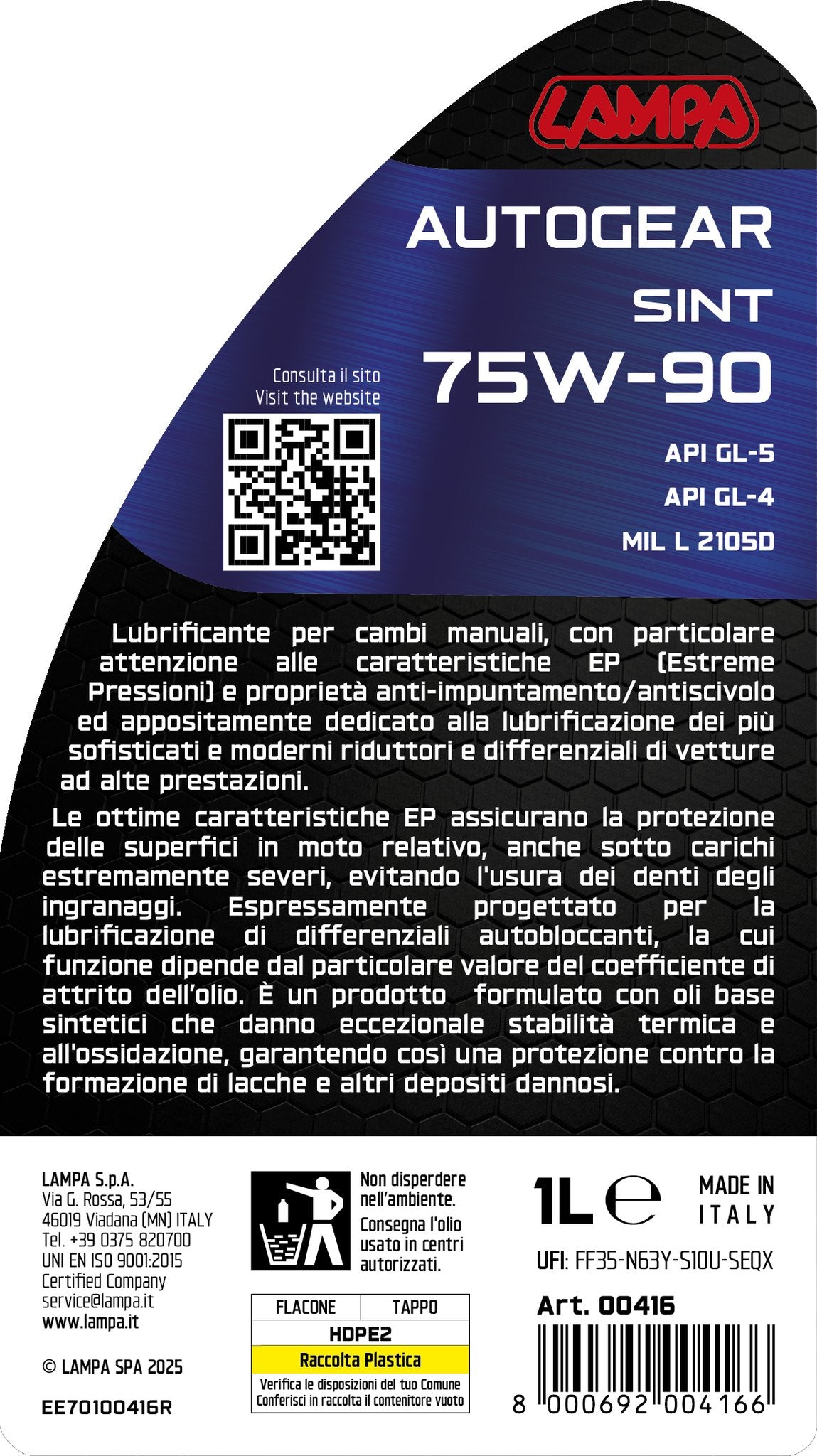 Lampa Autogear Sint 75W-90, olio cambio manuale - 1 L 00416