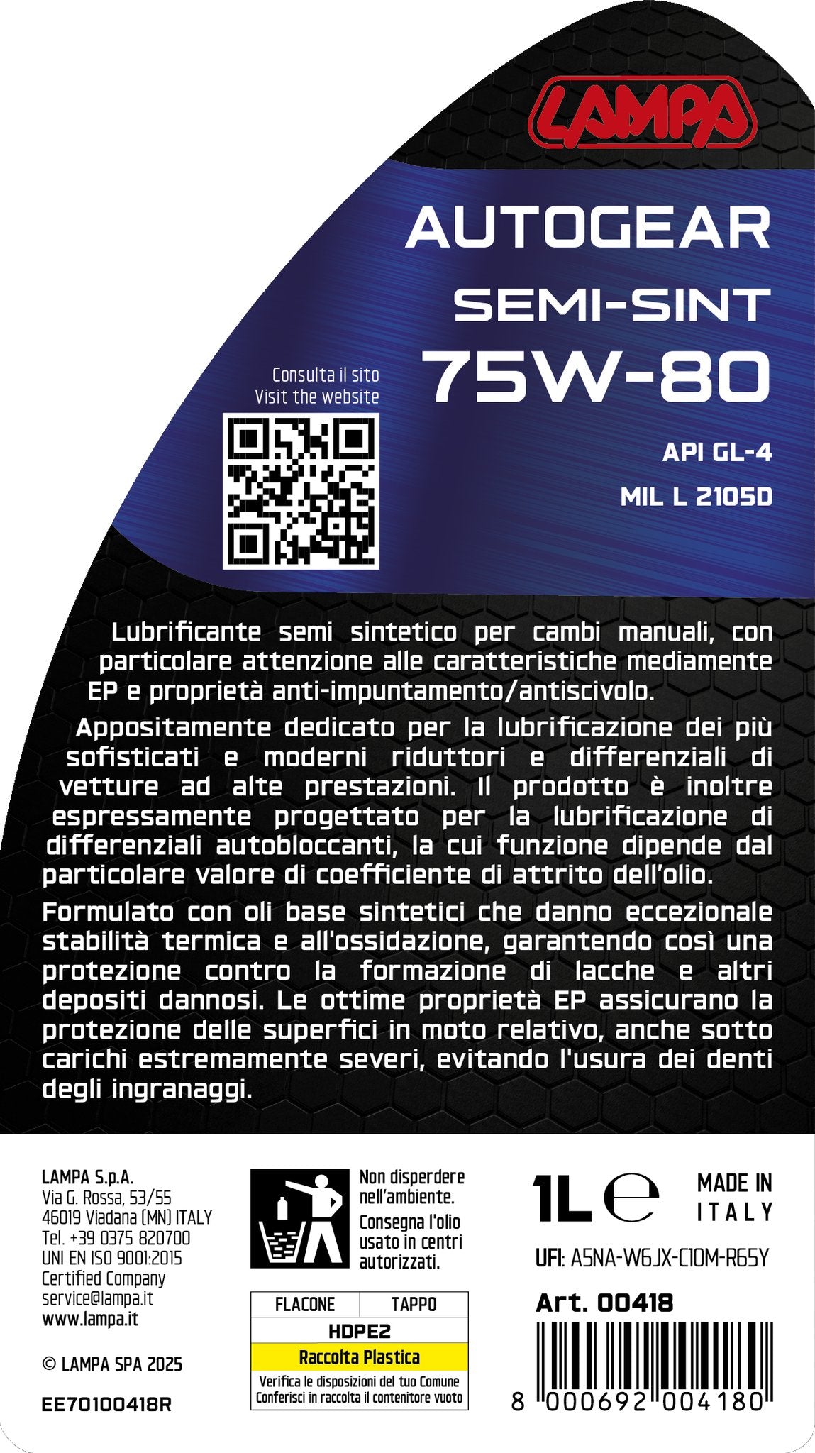 Lampa Autogear Semi-Sint 75W-80, olio cambio manuale - 1 L 00418