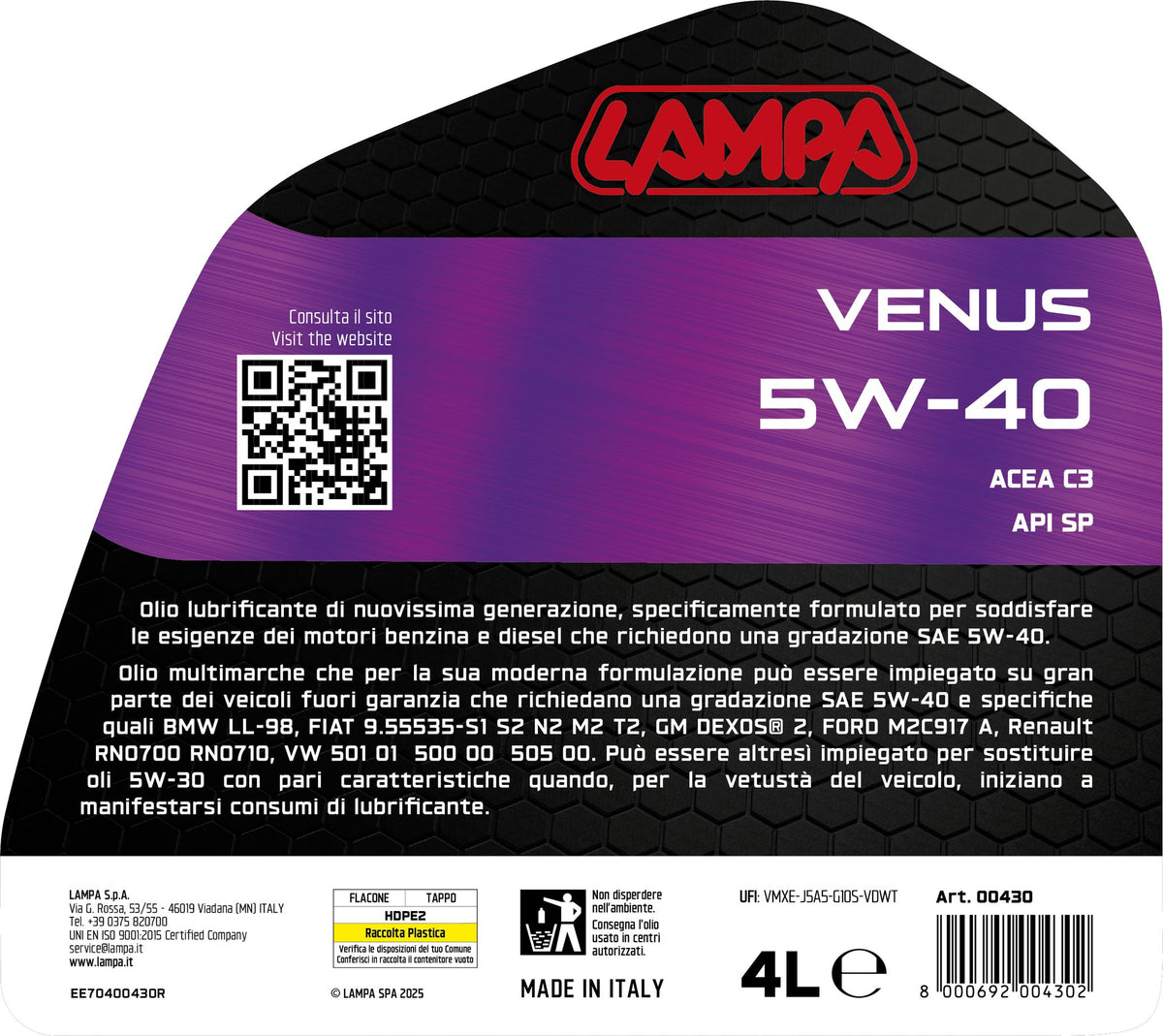Lampa Venus 5W-40, olio motore auto - 4 L 00430
