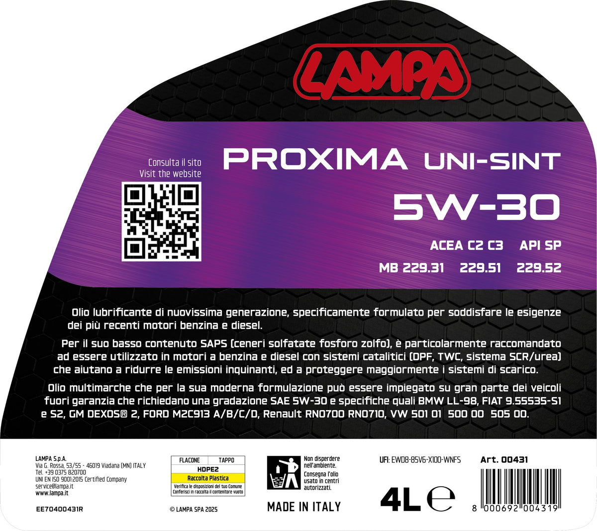 Lampa Proxima Uni-Sint 5W-30, olio motore auto - 4 L 00431