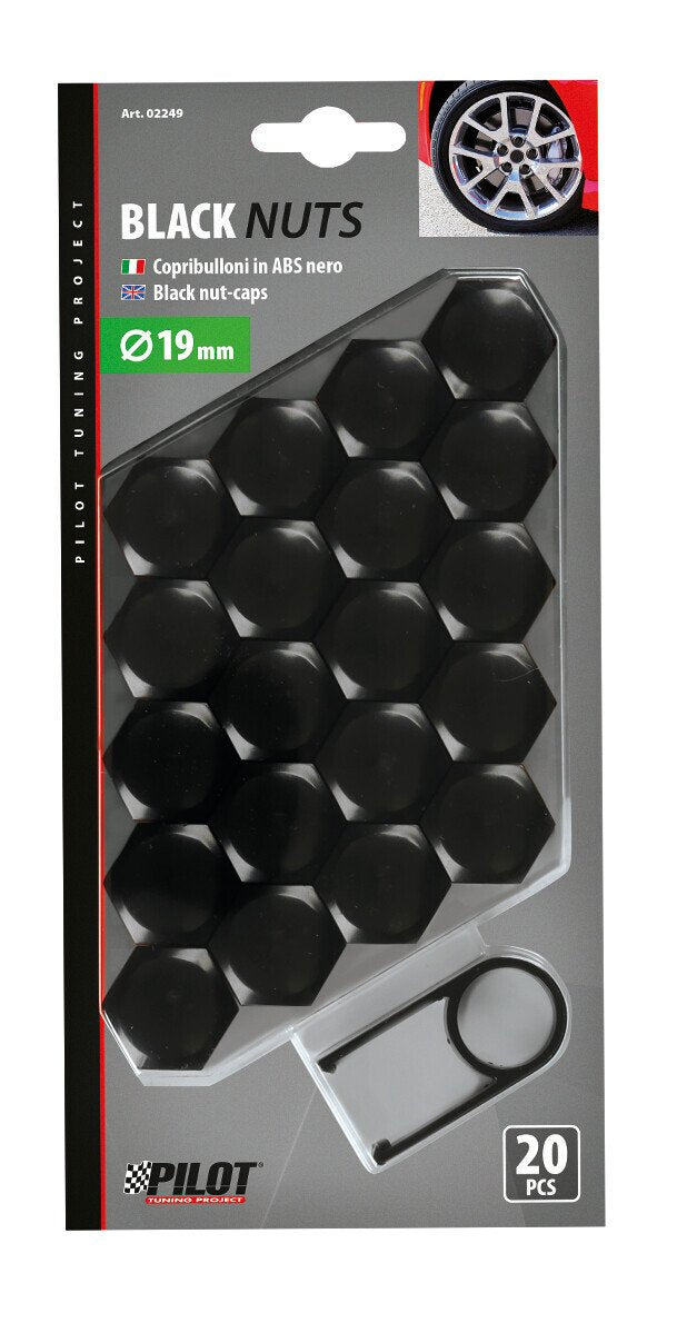 Pilot Black Nut Caps, 20 copribulloni in ABS - diametro 19 mm