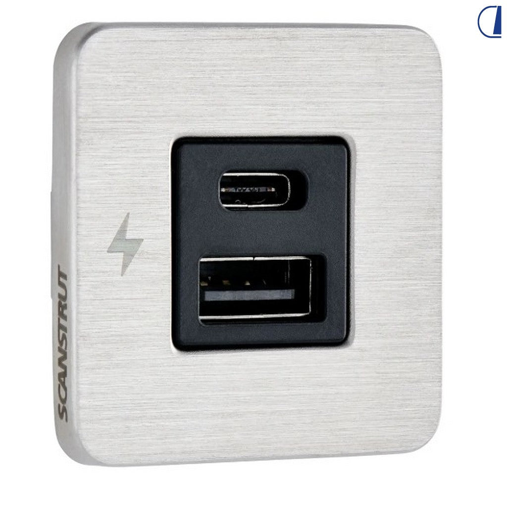 Di-Tec Presa USB-A e USB-C a giorno 12/24V cornice inox 40x40 mm