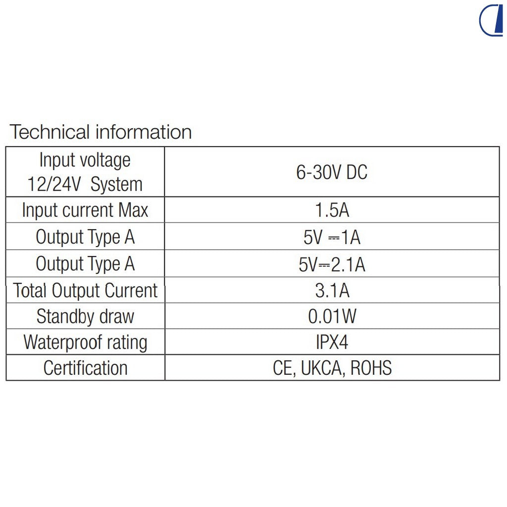 Di-Tec Doppia presa USB-A 5V 2×2,1A IPX4 per camper