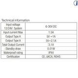 Di-Tec Doppia presa USB-A 5V 2×2,1A IPX4 per camper