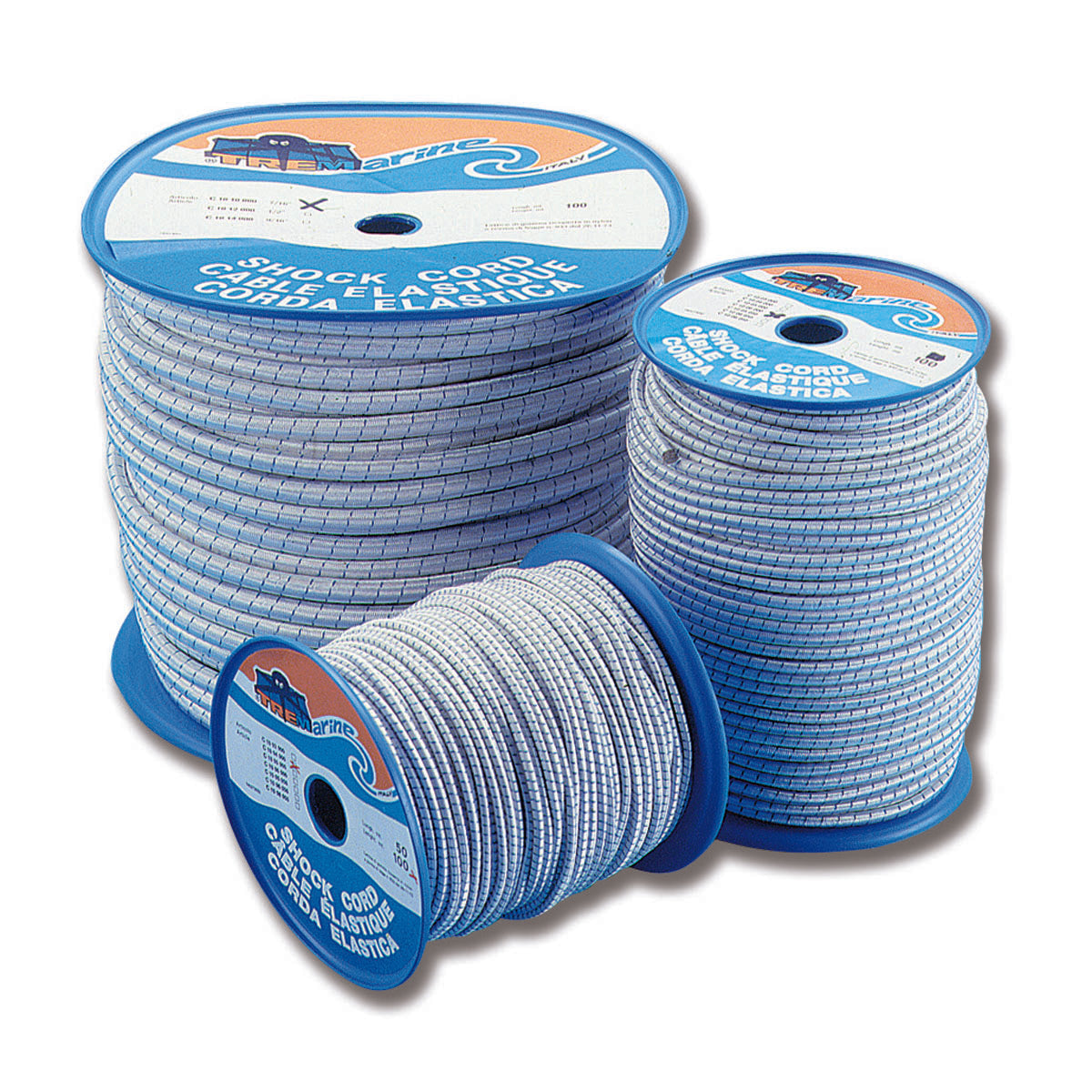 Cordón elástico Trem, hilo blanco y azul marino, bobinas de 50 m. Azul marino