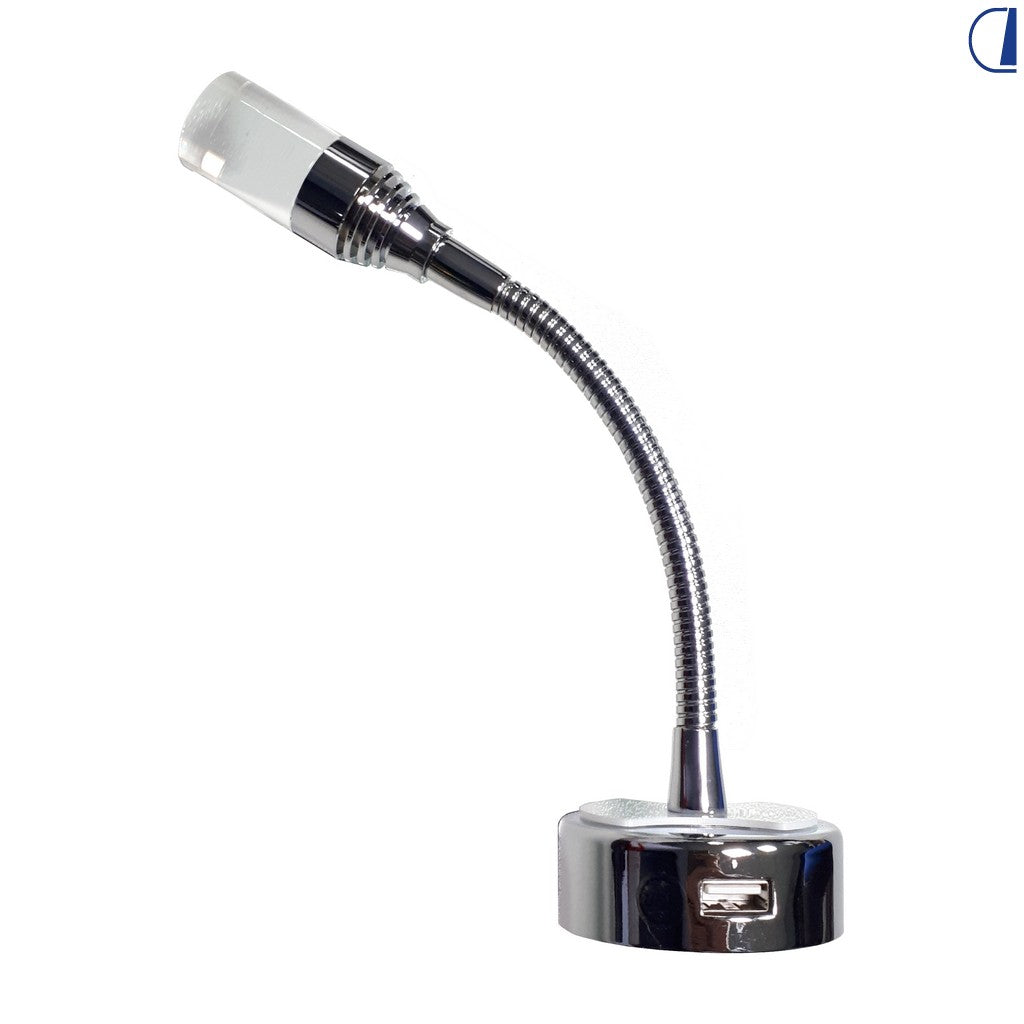 Faretto flessibile da camper con testa in acrilico e presa USB laterale