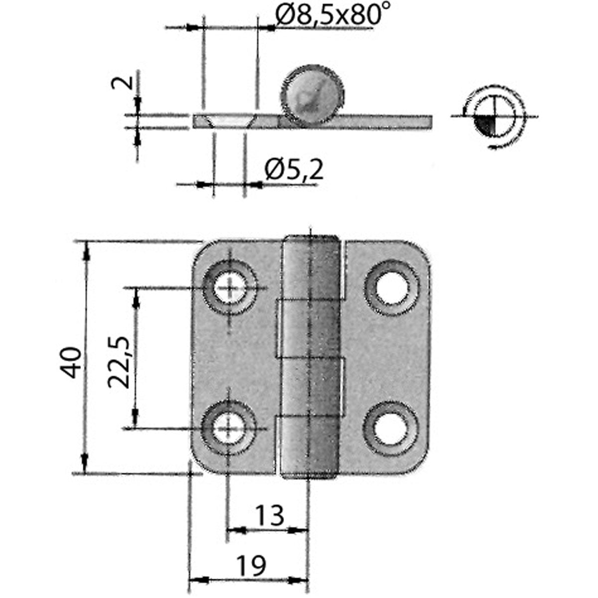 Trem Edelstahlscharnier 40x38 mm mit geräuschdämpfender Teflonbeschichtung