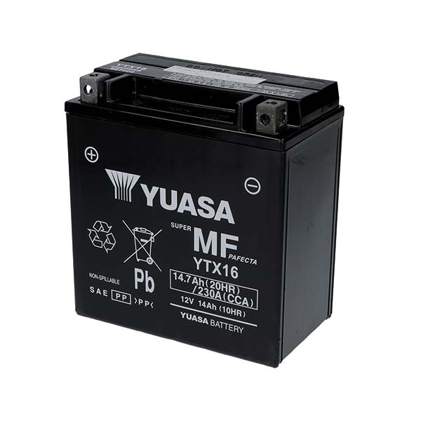 YUASA YTX16 Motorradbatterie (versiegelt und aktiviert – werkseitig versiegelt) 12 V/14 Ah
