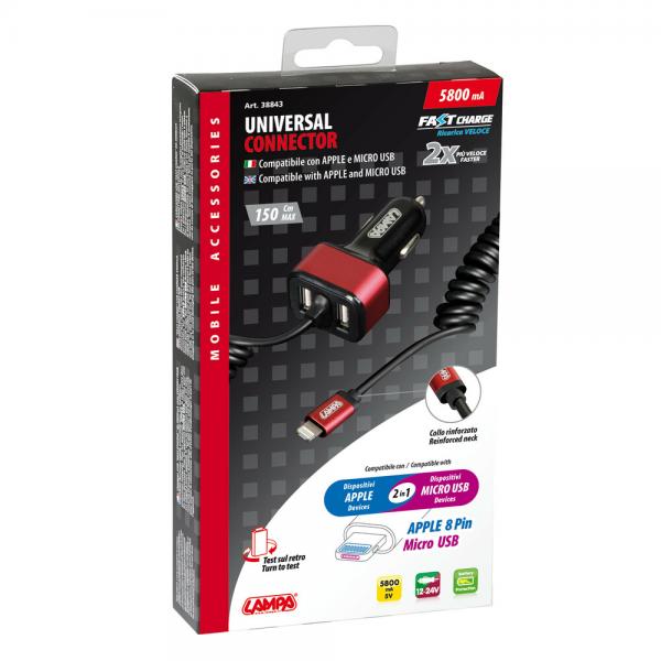 Cargador Apple de 8 pines/micro USB con 2 puertos USB de carga rápida, 5800 mA, 12/24 V, 38843 