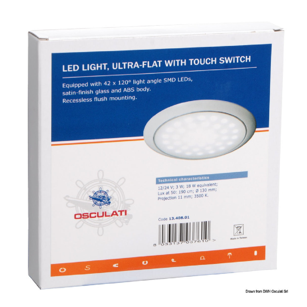 Osculati LED ceiling light with reduced projection 13.408.01