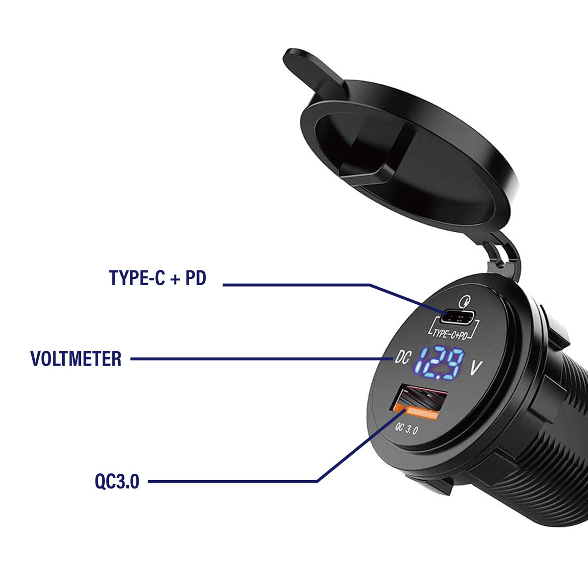 T-Power Presa USB 3.0 e PD/Type C con voltmetro digitale