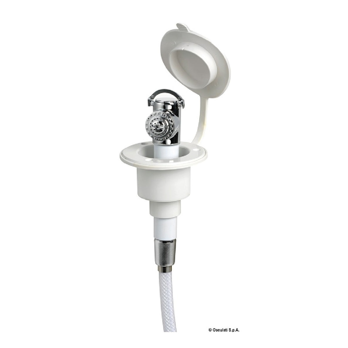 Rociador de ducha con pulsador Osculati MIZAR, base blanca, manguera de PVC de 4 m, plano 15.242.01