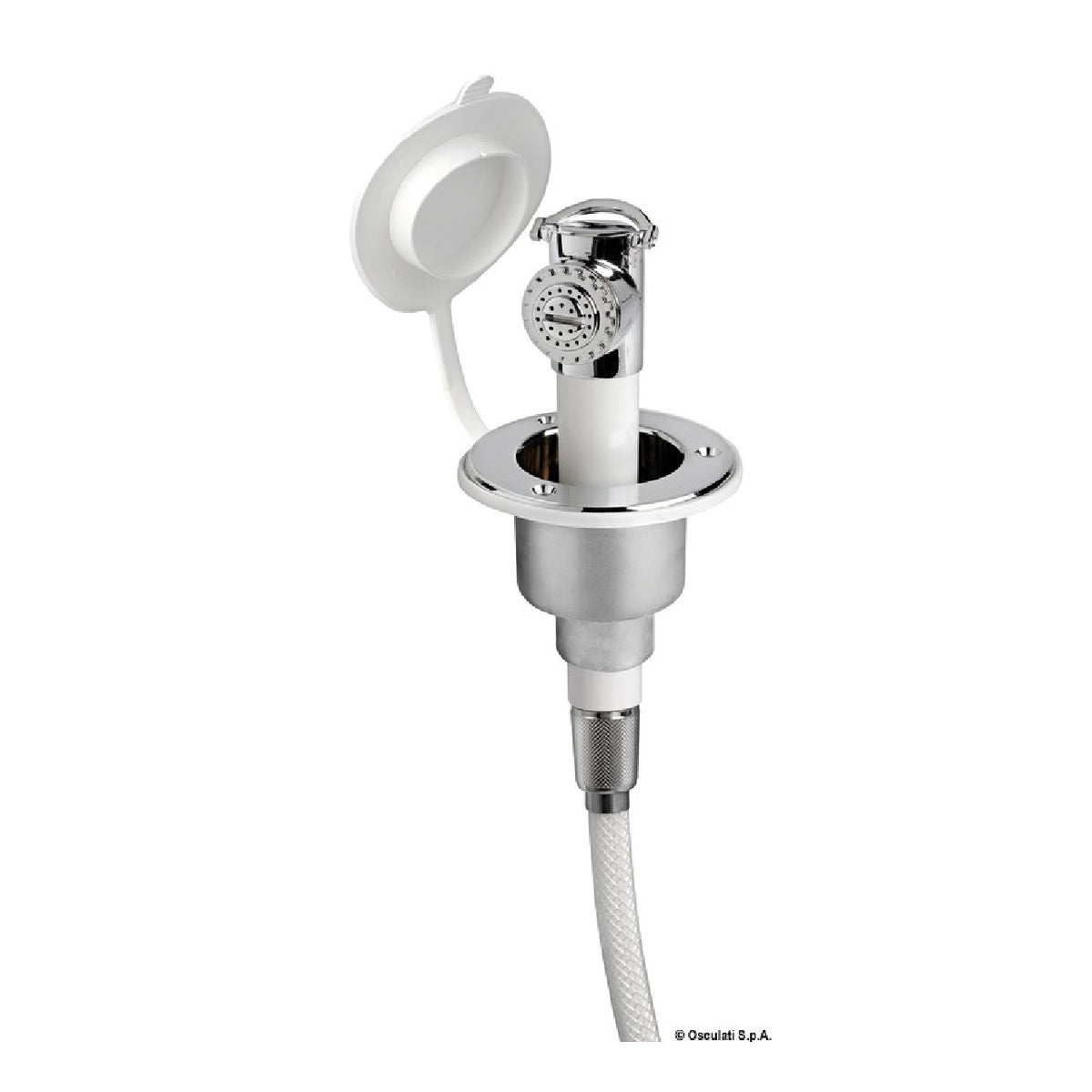 Rociador de ducha con pulsador Osculati MIZAR, base blanca, manguera de PVC de 4 m, plano 15.242.01