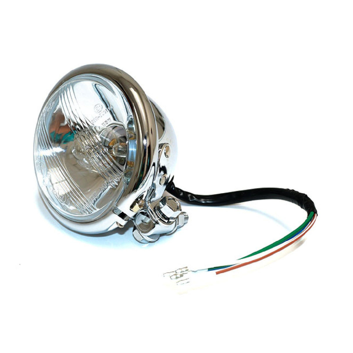 Faro delantero de motocicleta cromado de 124 mm con bombilla S2 35/35 W, conexión inferior