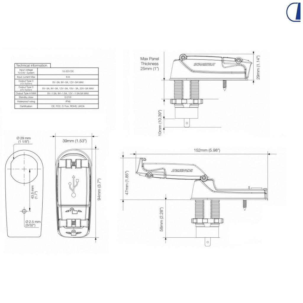 Di-Tec Presa USB-A + USB-C IPX6 12V/36W – 24V/60W