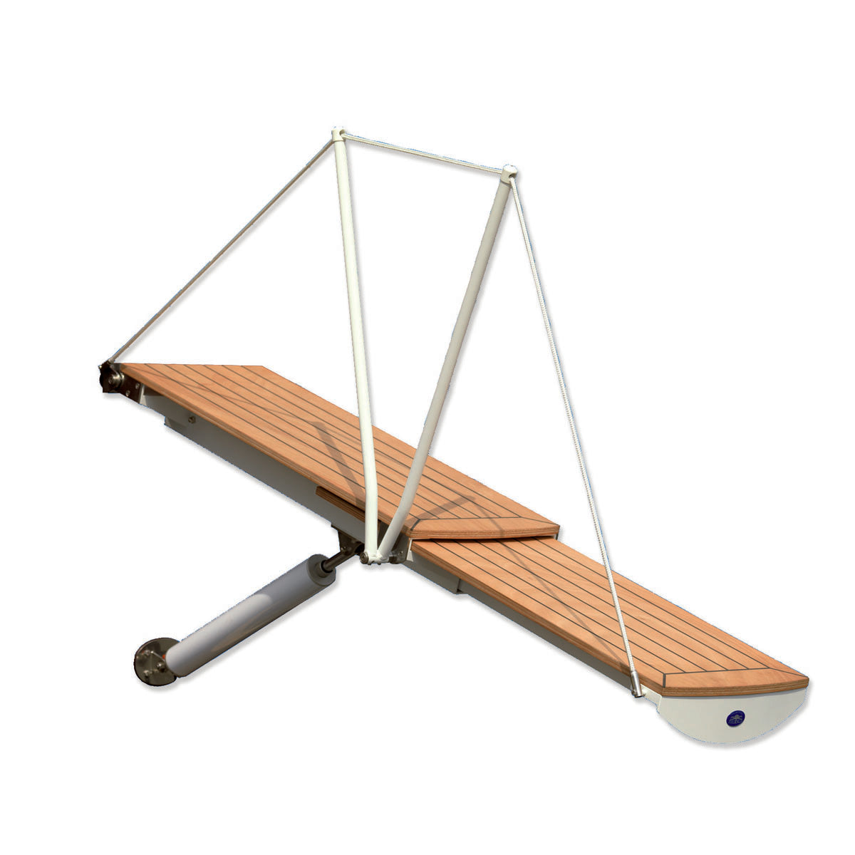 Elektrischer 12-V-Teleskopsteg von Trem mit Holzplattform, 210 cm (offen).