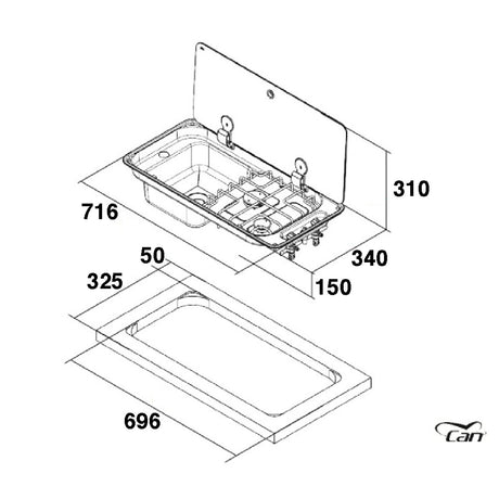 Kann 2-Flammen-Kochfeld mit vollständig geräuchertem, gehärtetem Glasdeckel, linksseitig