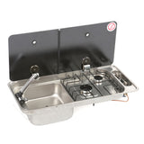 Placa de cocina de 2 fuegos con tapa de cristal templado ahumado de dos piezas, lado derecho, con desagüe y grifo incluidos.