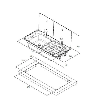 Can 2 burner hob with two-part smoked tempered glass lid right hand with drain and tap included