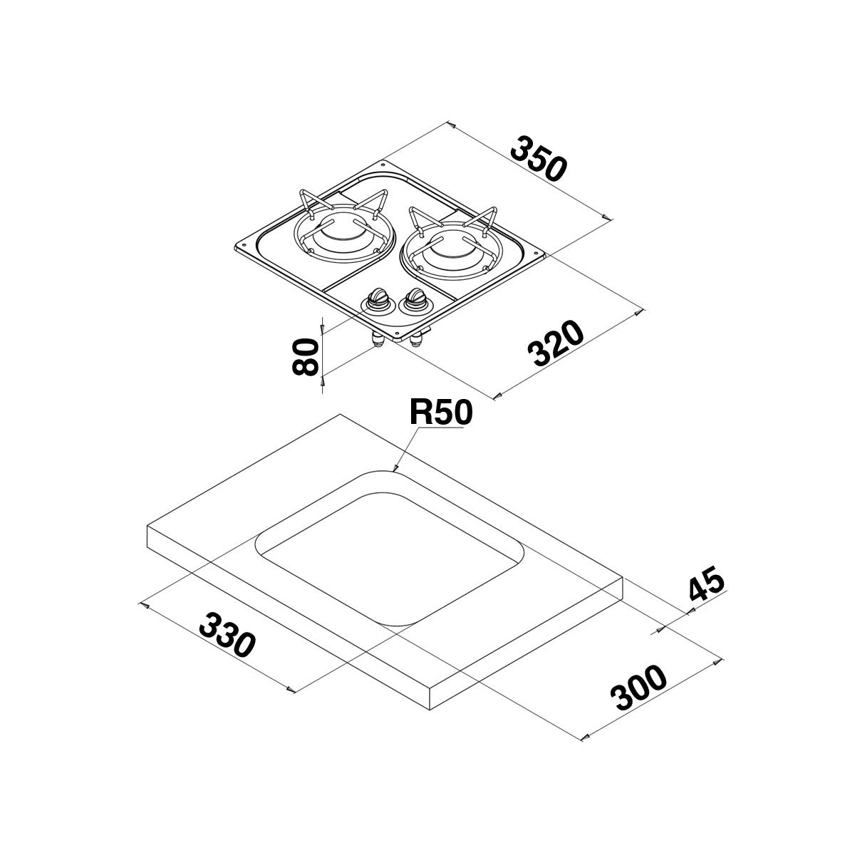 Placa de cocina empotrada con 2 quemadores, modelo PC1321