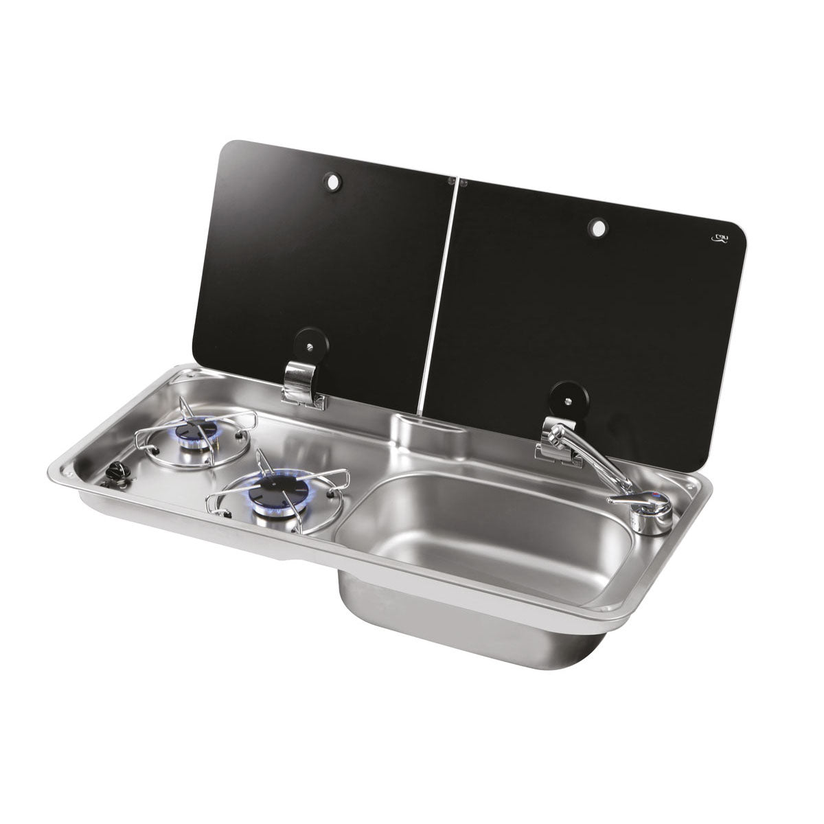 Placa de cocina de 2 fuegos con tapa de cristal templado ahumado de dos piezas modelo FL1765 completa con desagüe y grifos