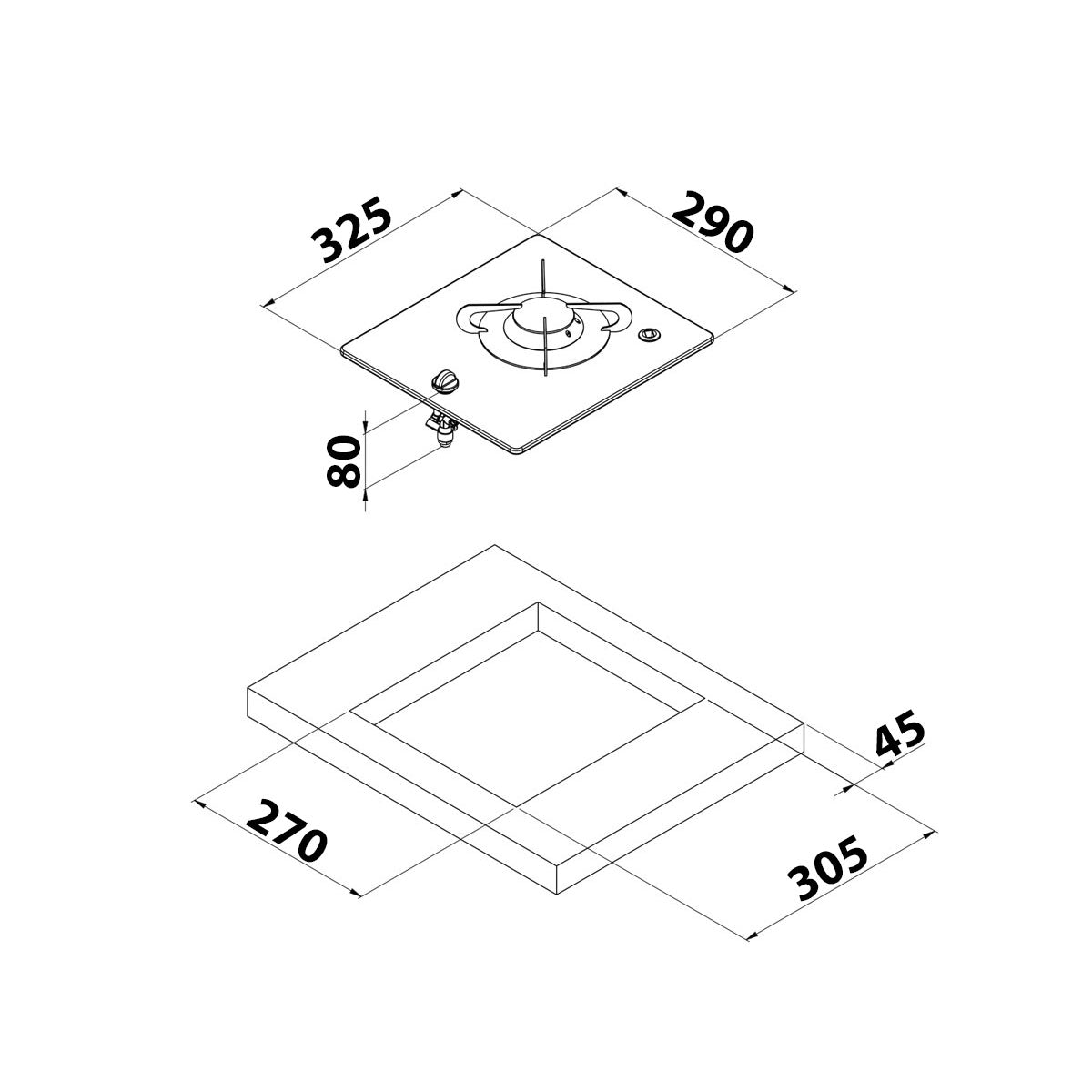 Placa de gas de cristal empotrada con 1 quemador, modelo PV1320