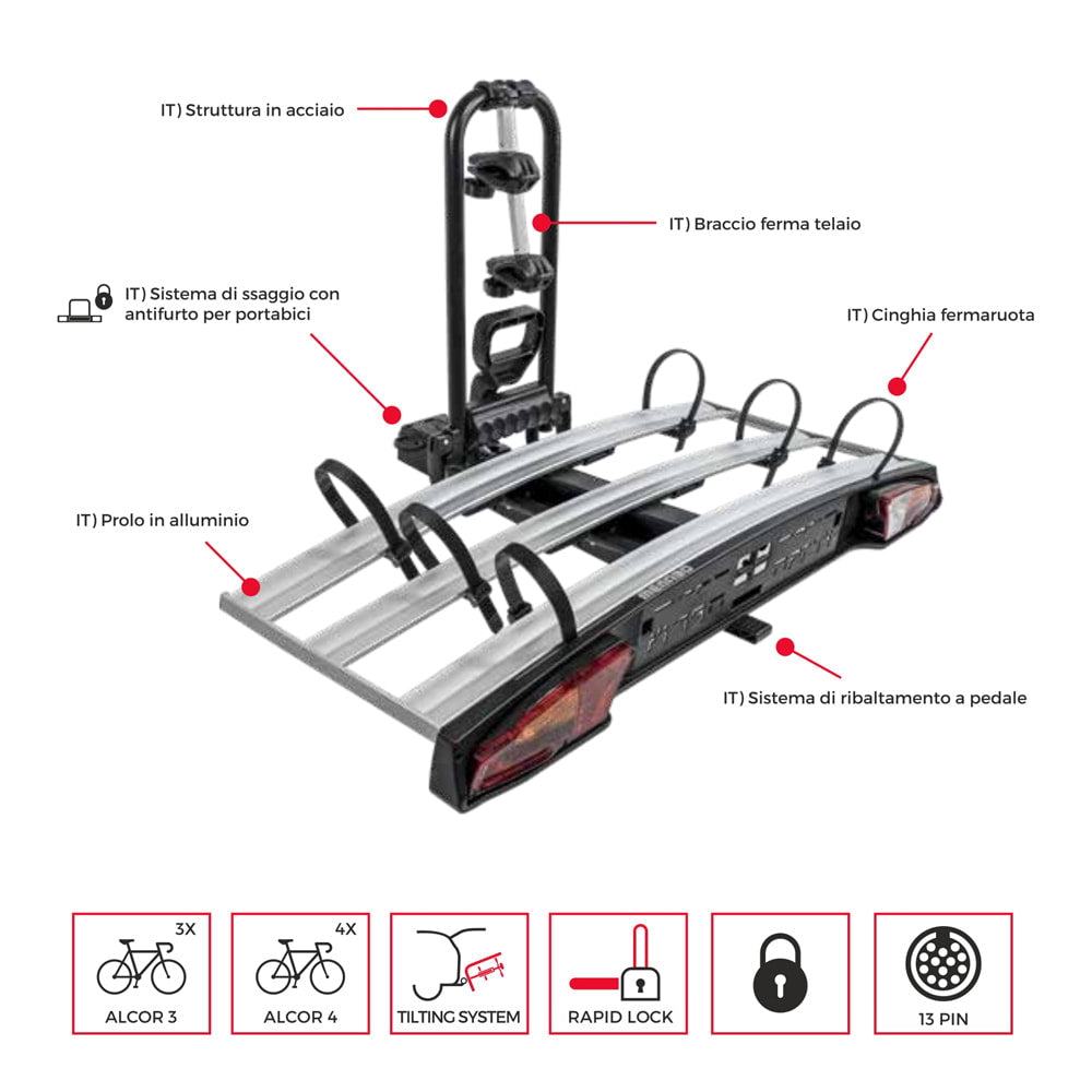 Portabici Al Gancio Traino ALCOR 3 Fino A 3 Bici Portata Max.60Kg