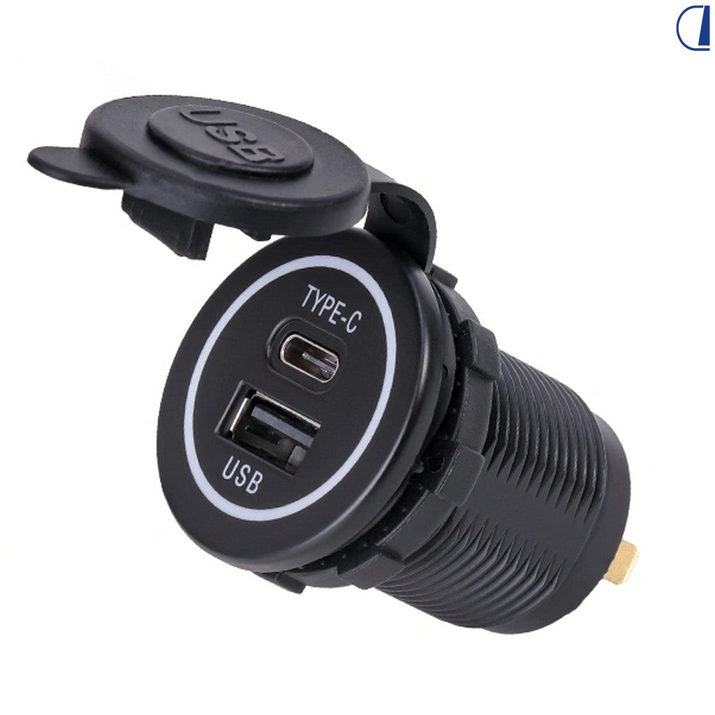 Di-Tec Doppia presa USB da incasso con USB-C 12/24V Ø 37 mm