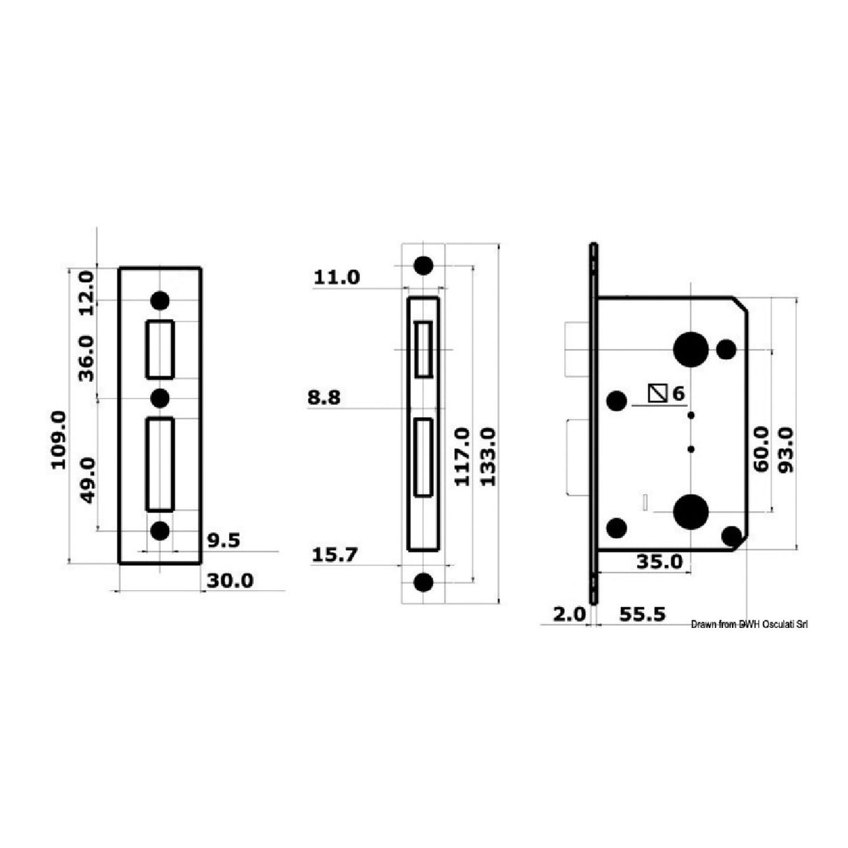Cerradura Osculati para WC y cabinas Derecha Exterior, Izquierda Interior 38.129.10