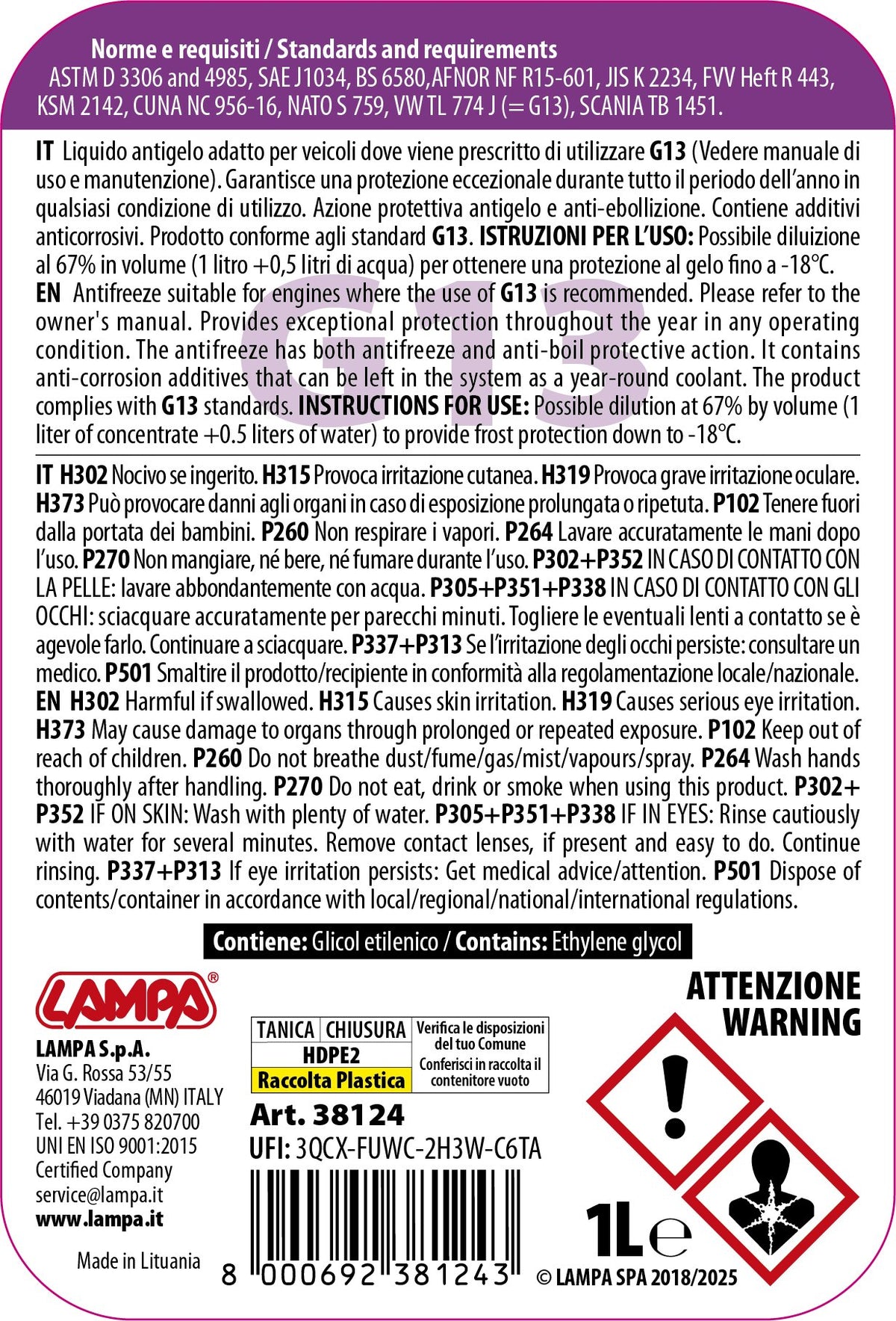 Lampa Superior-Viola G13, liquido antigelo radiatore concentrato (-36C) - 1 L 38124