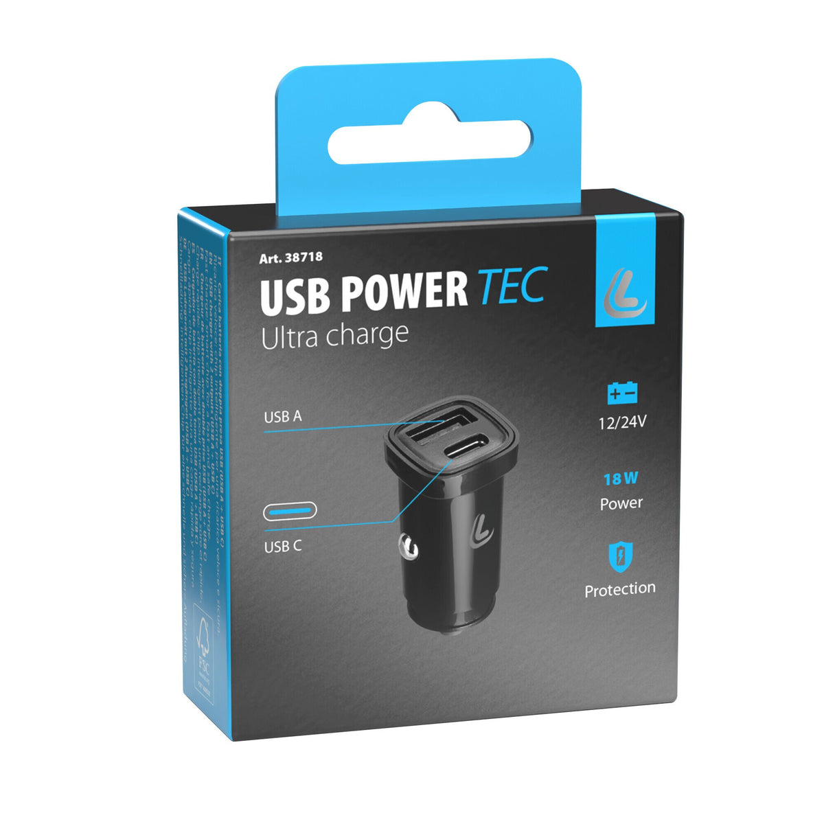Lampa Usb Power Tec, caricabatteria 2 porte Usb Ultra Fast Charge 18W 12/24V 38718