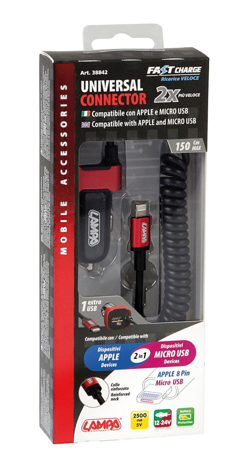 Caricabatteria Apple 8 pin/Micro Usb con 1 Usb Fast Charge 2500 mA 12/24V 38842
