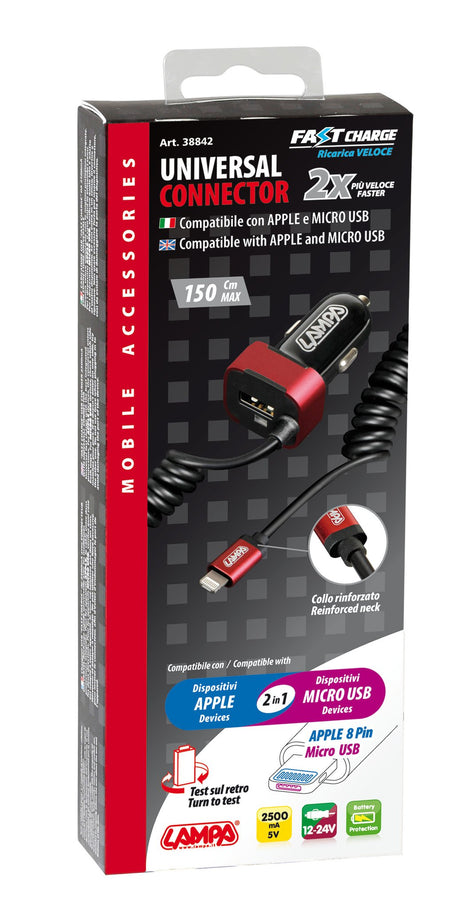 Caricabatteria Apple 8 pin/Micro Usb con 1 Usb Fast Charge 2500 mA 12/24V 38842