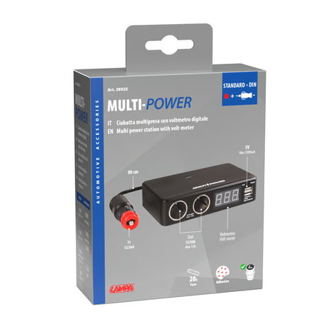Lampa Multi-Power, 2 prese accendisigari + 2 USB e voltmetro, 12/24/36V 38925