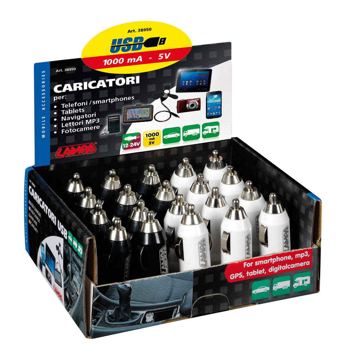 Lampa Display 20 pz - Caricabatteria 1 porta Usb - 1000 mA - 12/24V 38950