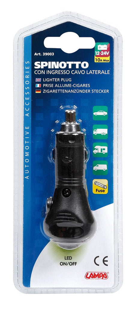 Lampa Spinotto per presa accendisigari con ingresso cavo laterale, 12/24V 39003